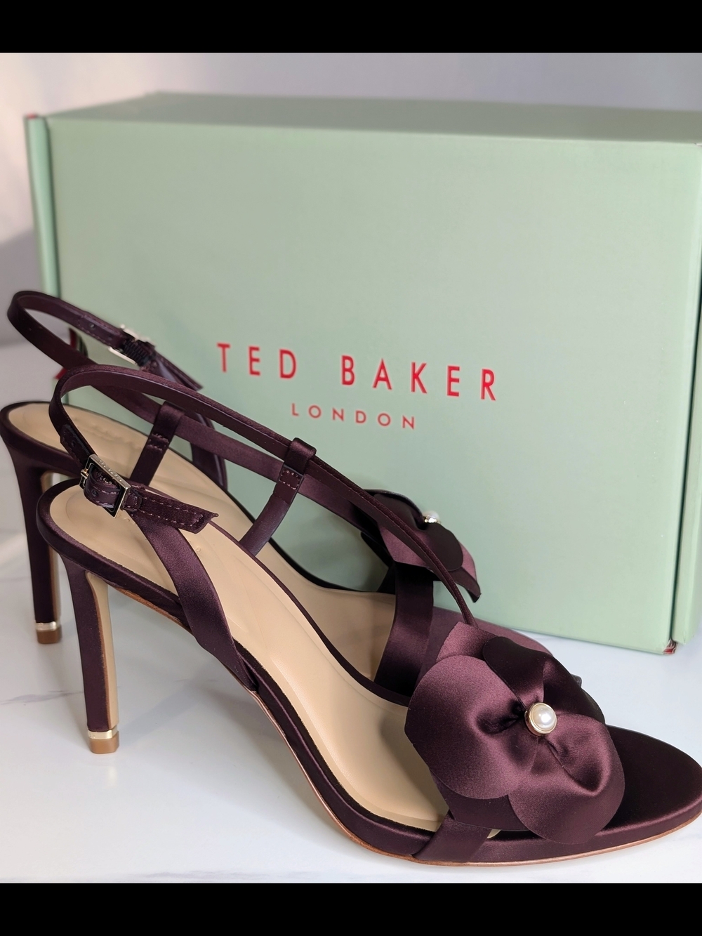 Ted Baker London Violet Slingback Floral Satin Heels Bordeaux 8 NIB